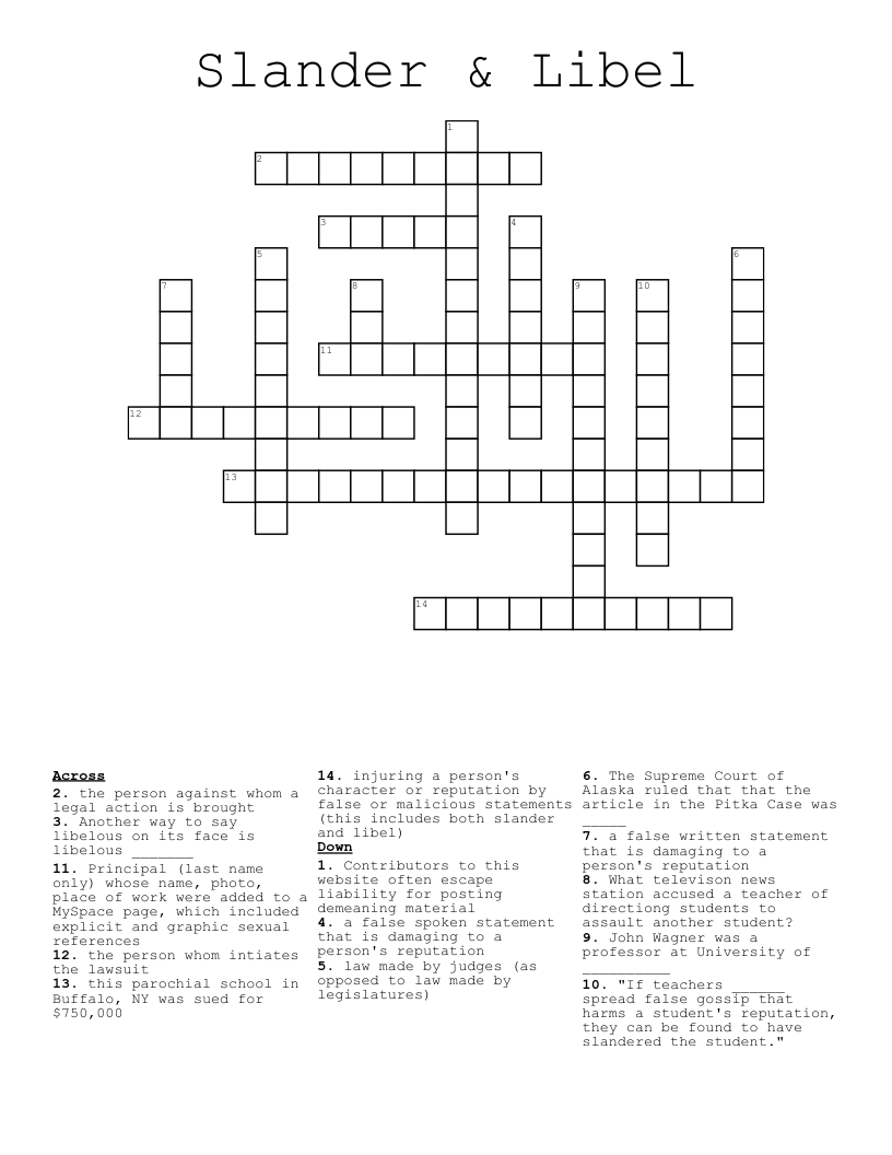 Slander & Libel  Crossword