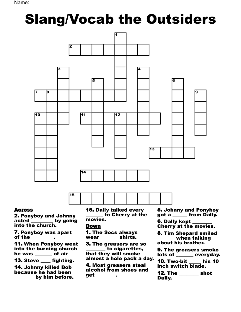 Slang/Vocab the Outsiders Crossword