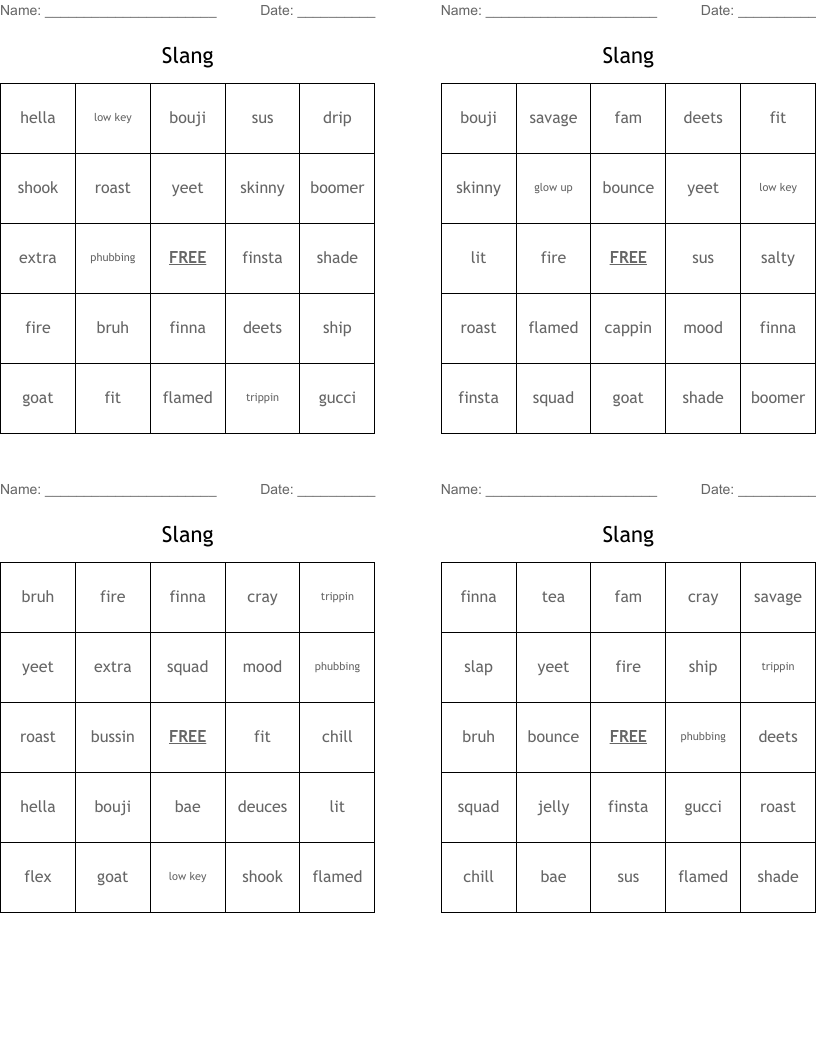 Slang Bingo Cards