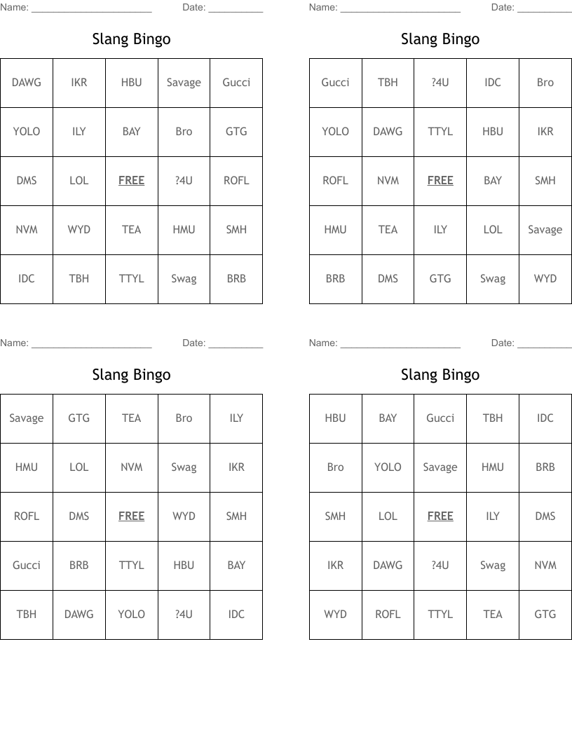 Slang Bingo