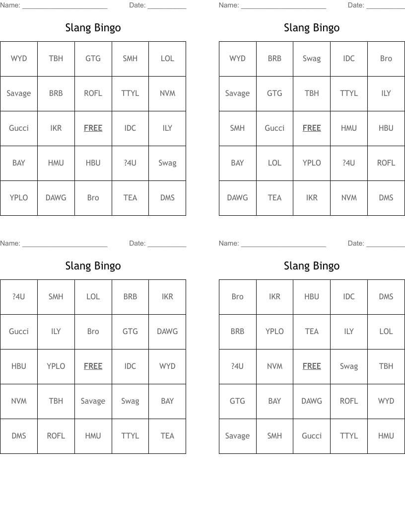 Slang Bingo