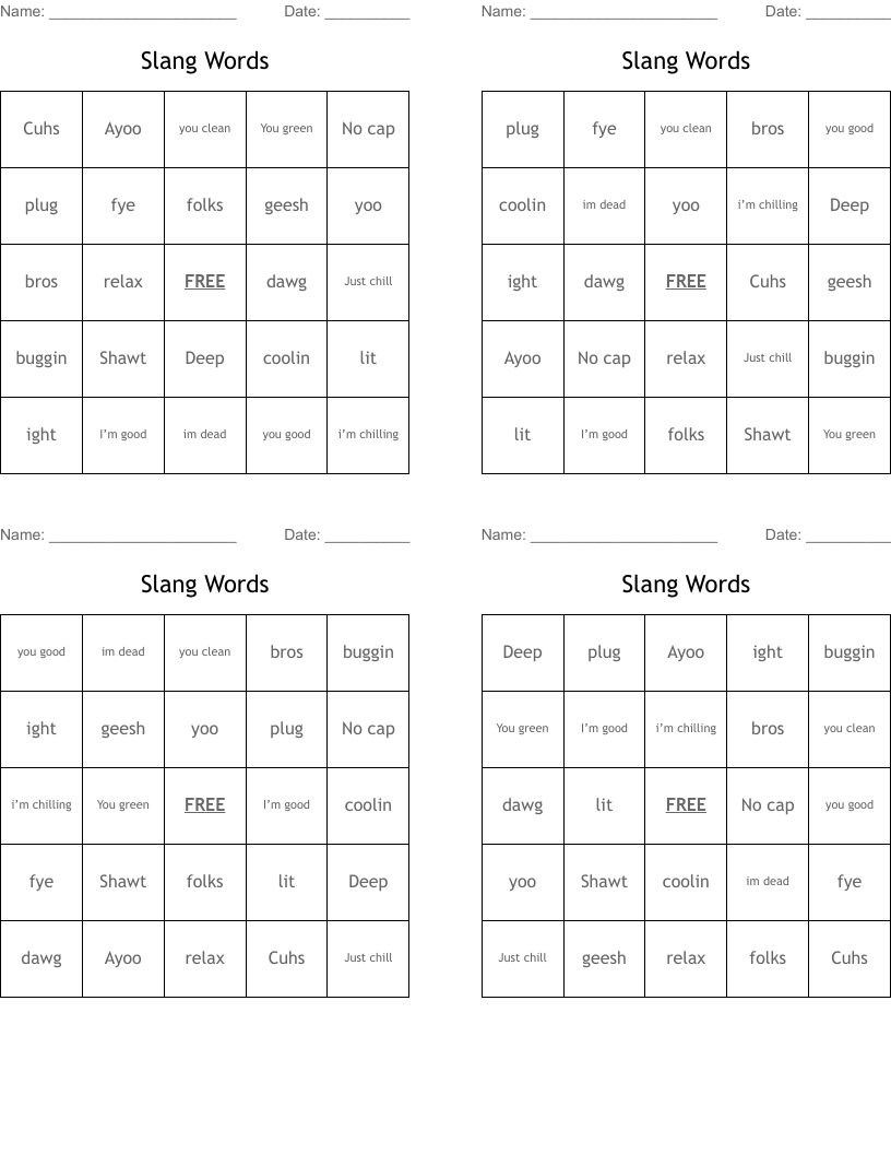 Slang Words  Bingo Cards