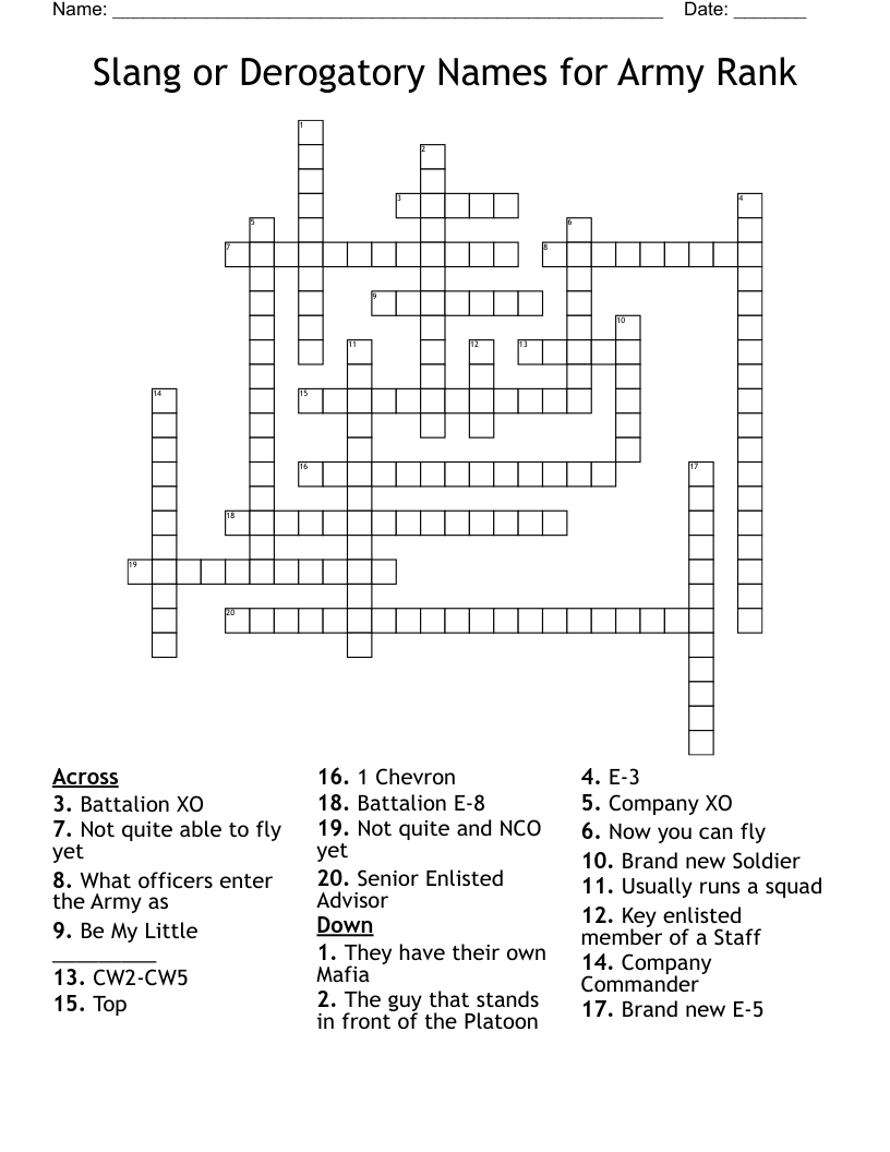 Slang or Derogatory Names for Army Rank Crossword