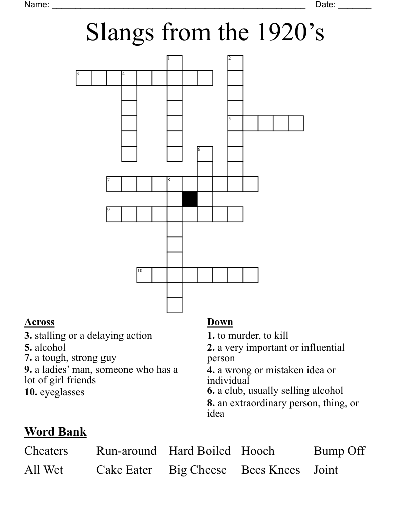 Slangs from the 1920’s Crossword