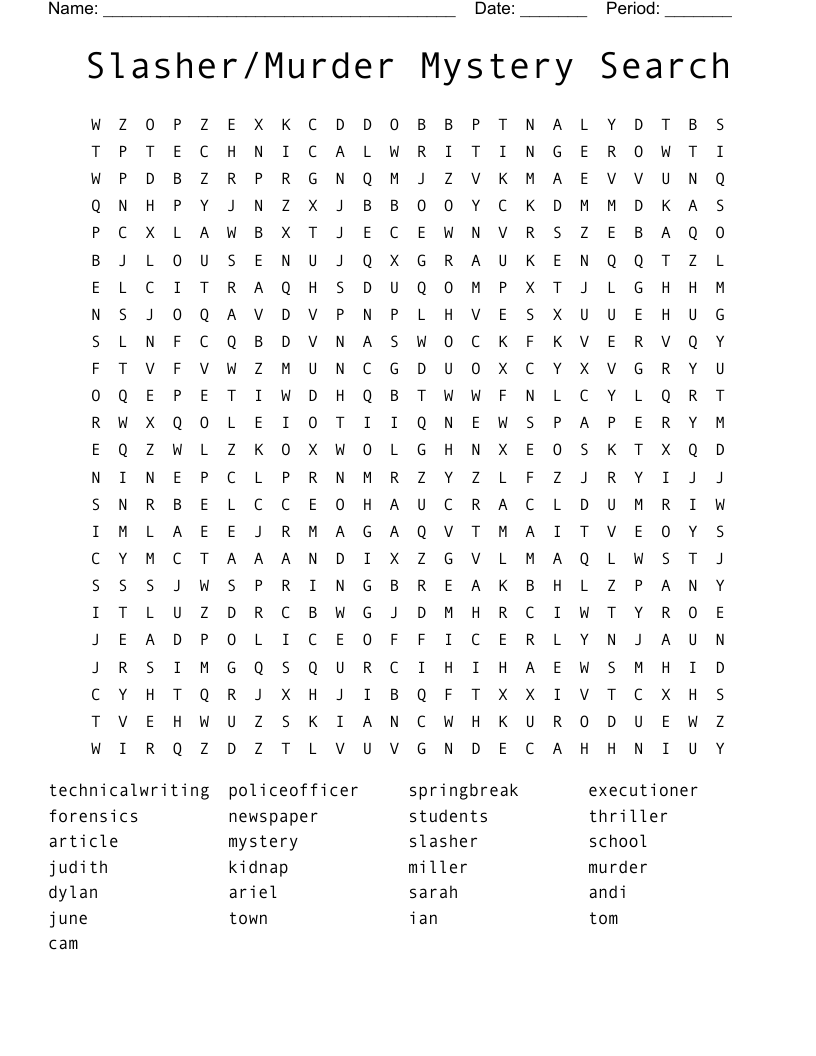 Slasher/Murder Mystery Search Word Search