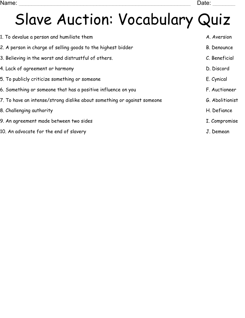 Slave Auction: Vocabulary Quiz  Worksheet