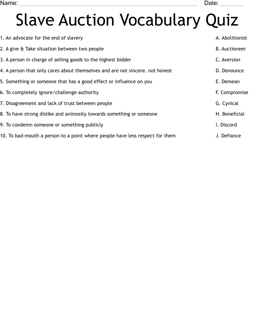 Slave Auction Vocabulary Quiz  Worksheet