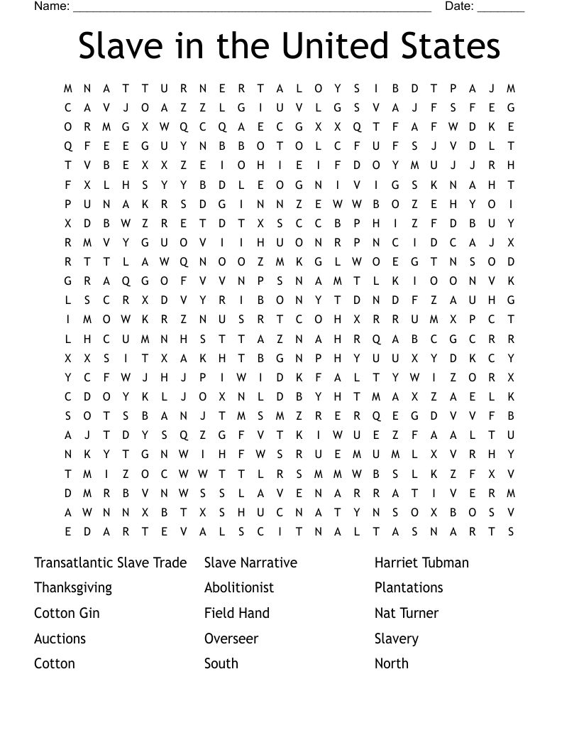 Slave in the United States Word Search