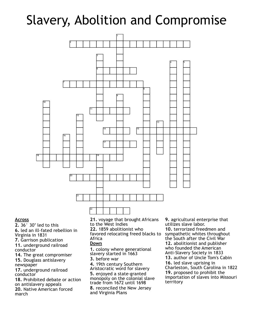 Slavery, Abolition and Compromise Crossword