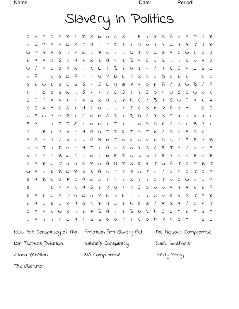 Slavery In Politics  Word Search