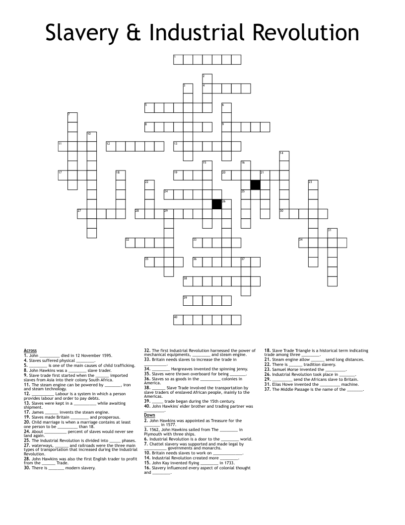 Slavery & Industrial Revolution  Crossword
