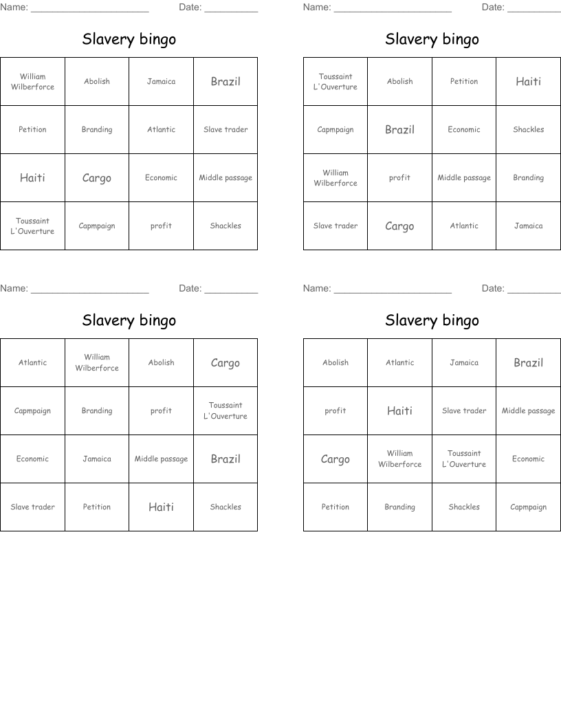 Slavery bingo