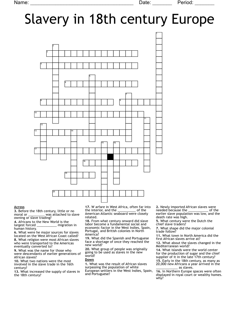 Slavery in 18th century Europe Crossword