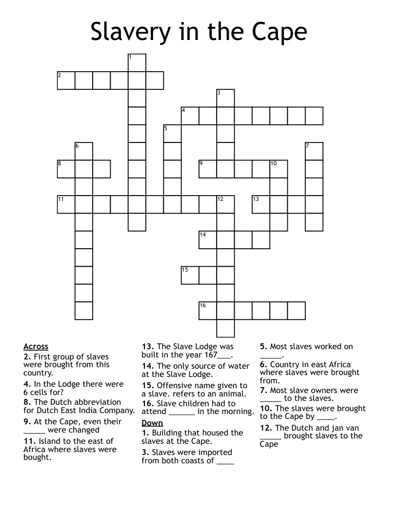 Slavery in the Cape Crossword