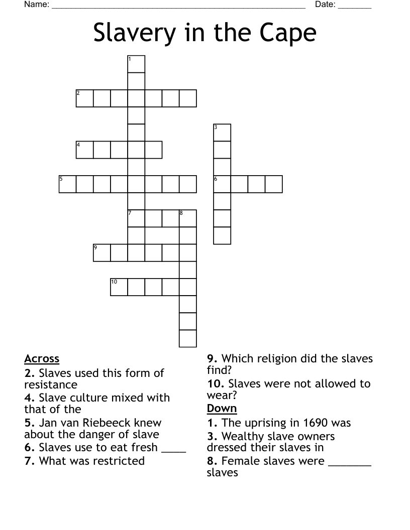 Slavery in the Cape  Crossword