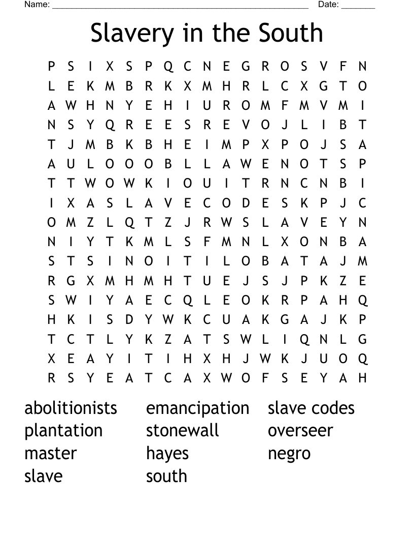 Slavery in the South Word Search