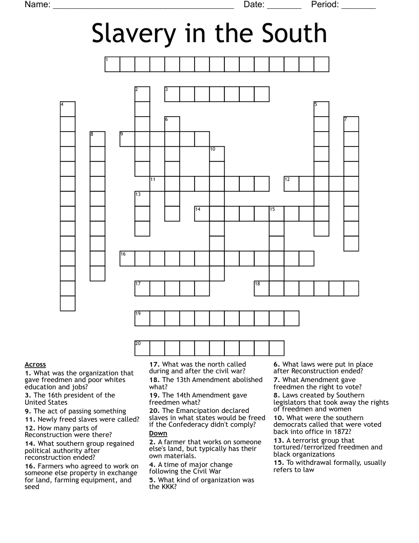 Slavery in the South Crossword