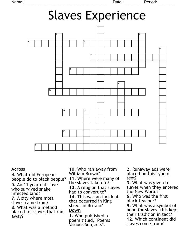 Slaves Experience  Crossword