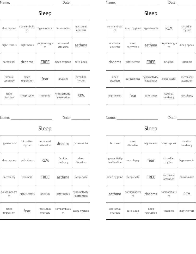 Sleep Bingo Cards