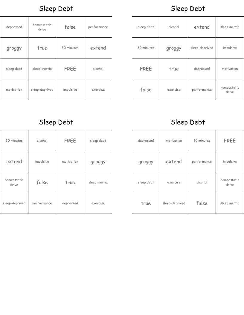 Sleep Debt Bingo Cards