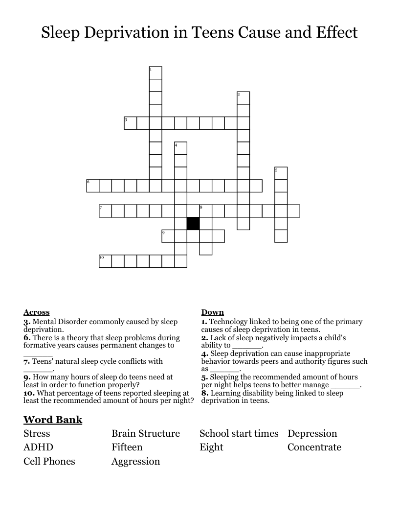 Sleep Deprivation in Teens Cause and Effect Crossword