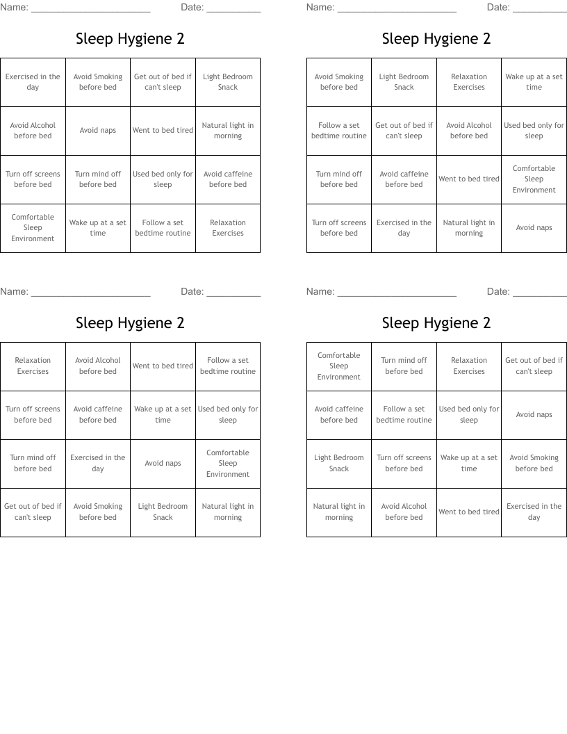 Sleep Hygiene 2 Bingo Cards