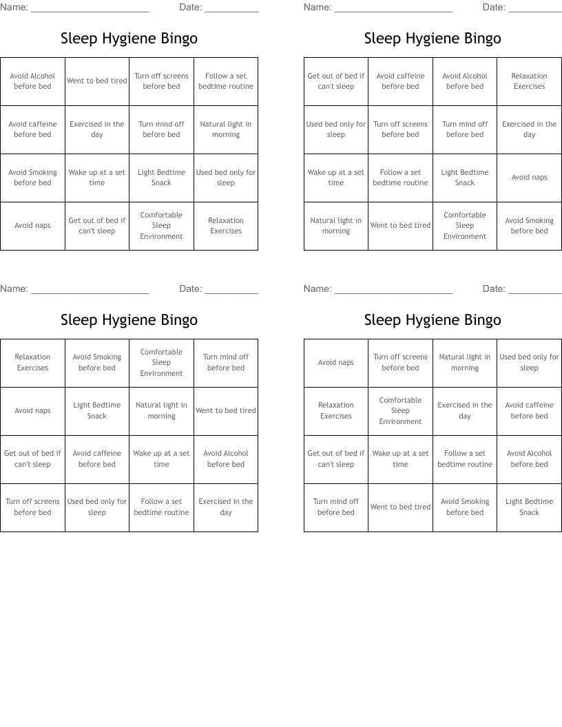 Sleep Hygiene Bingo 