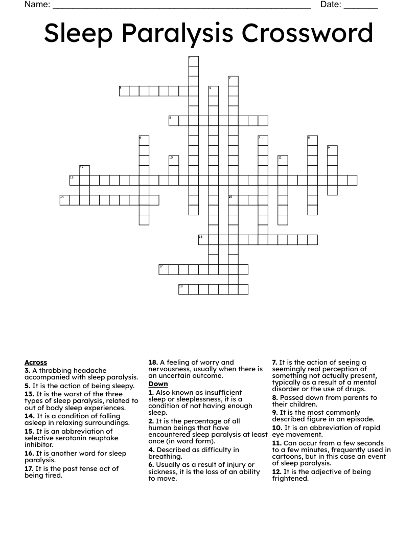 Sleep Paralysis Crossword