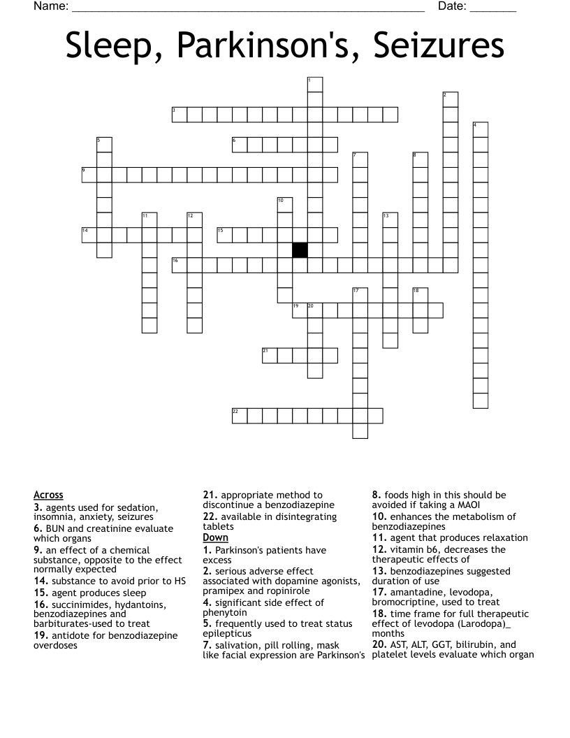 Sleep, Parkinson's, Seizures Crossword