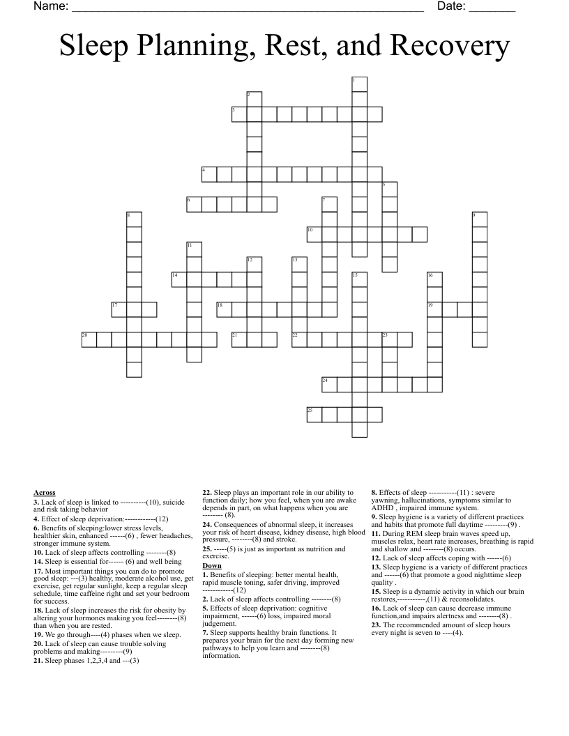 Sleep Planning, Rest, and Recovery Crossword