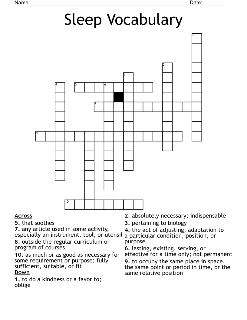 Sleep Vocabulary Crossword