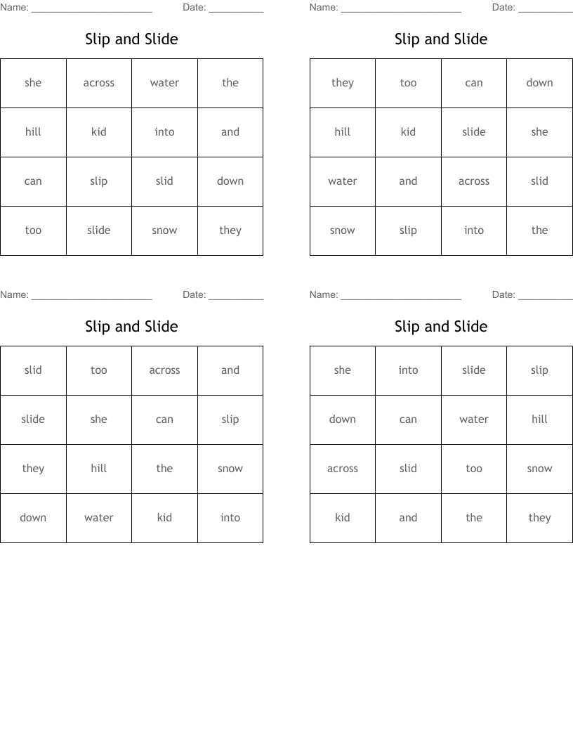 Slip and Slide Bingo Cards