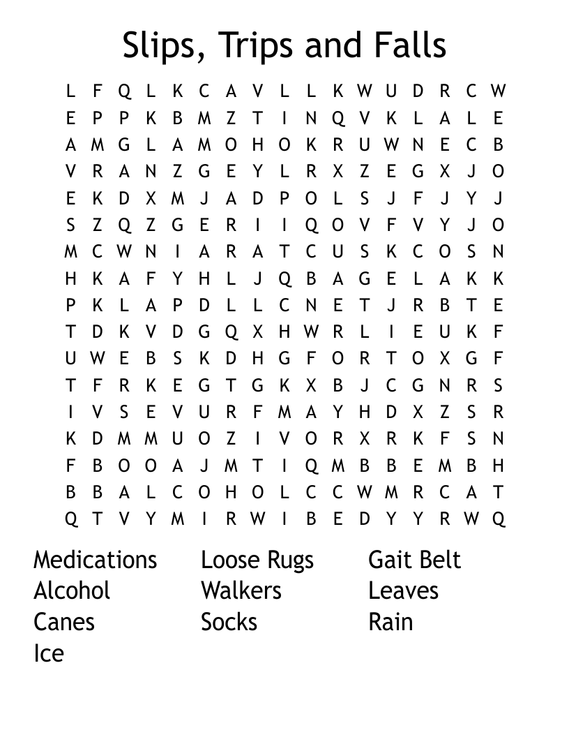 Slips, Trips and Falls Word Search