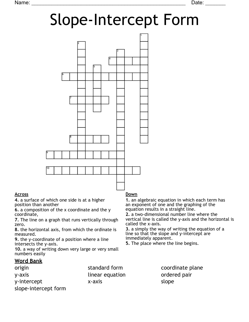 Slope-Intercept Form Crossword