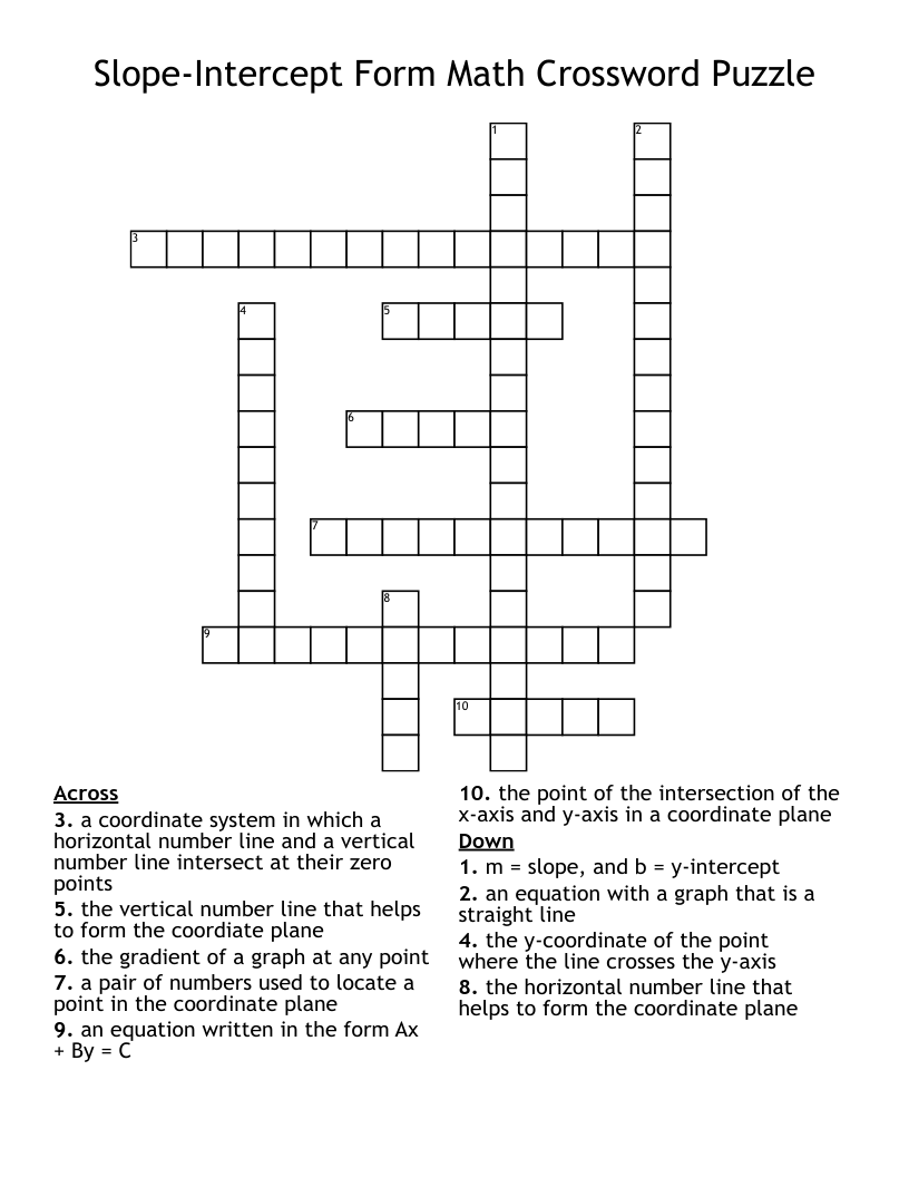 Slope-Intercept Form Math Crossword Puzzle