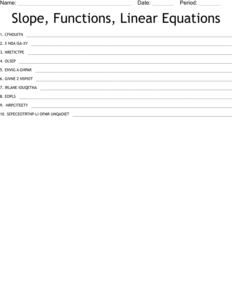 Slope, Functions, Linear Equations Word Scramble