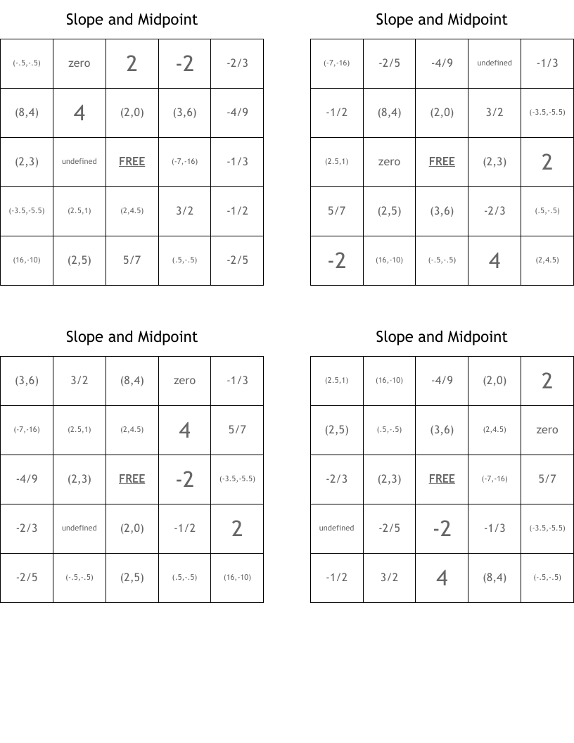 Slope and Midpoint Bingo Cards