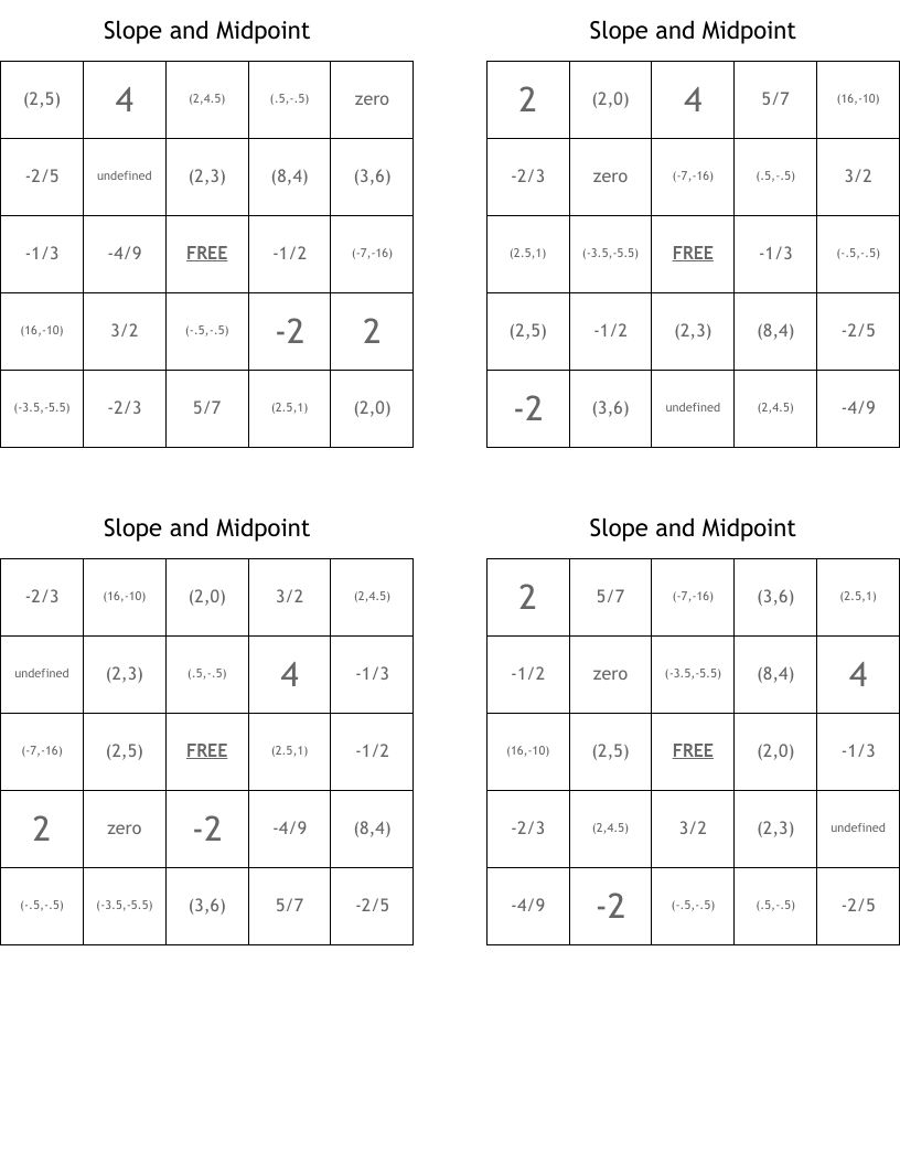 Slope and Midpoint Bingo Cards