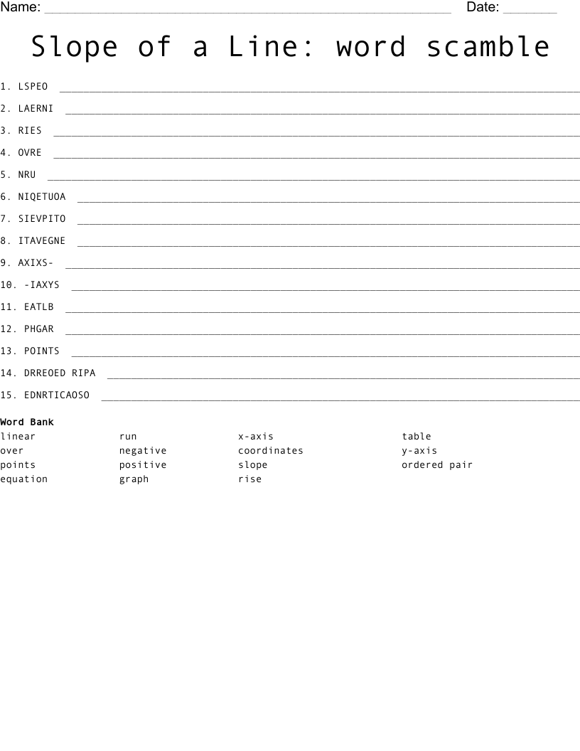 Slope of a Line: word scamble Word Scramble