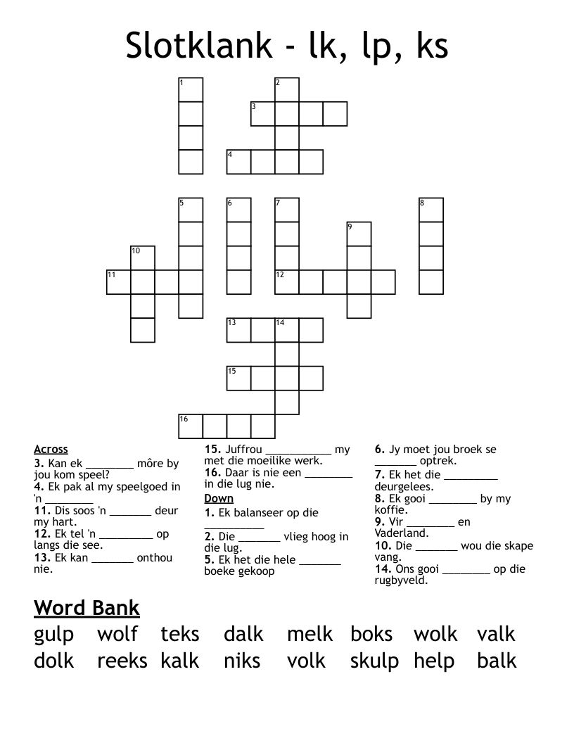 Slotklank - lk, lp, ks Crossword