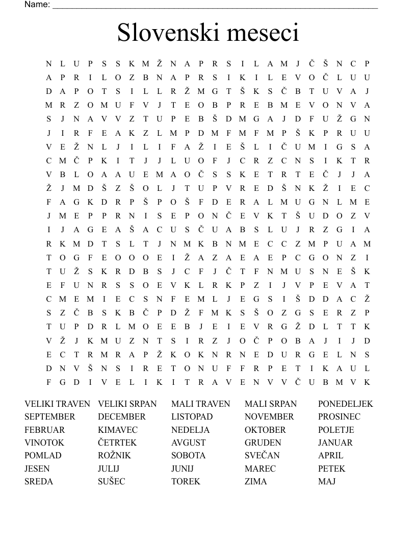 Slovenski meseci Word Search