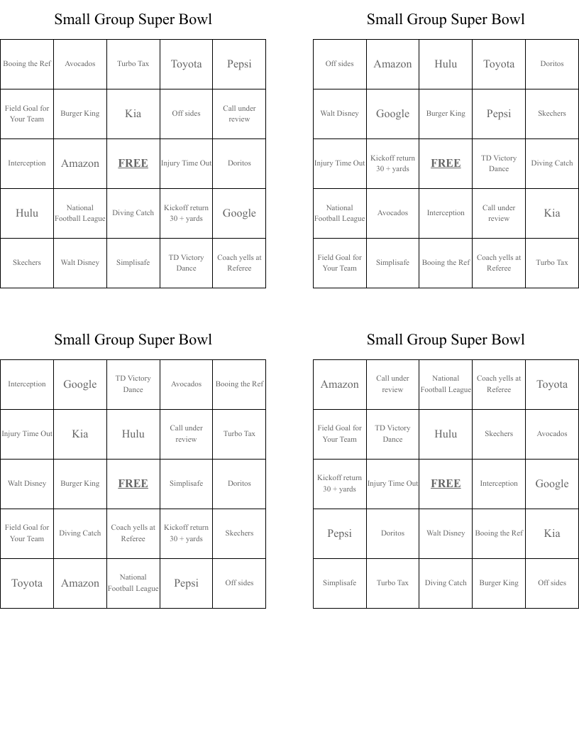 Small Group Super Bowl Bingo Cards