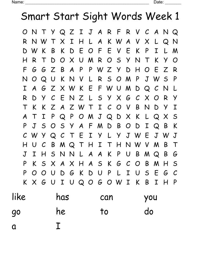 Smart Start Sight Words Week 1 Word Search