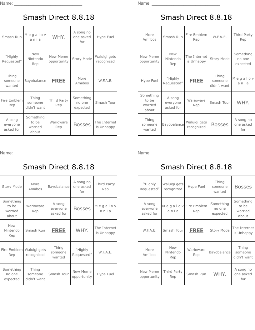 Smash Direct 8.8.18 Bingo Cards
