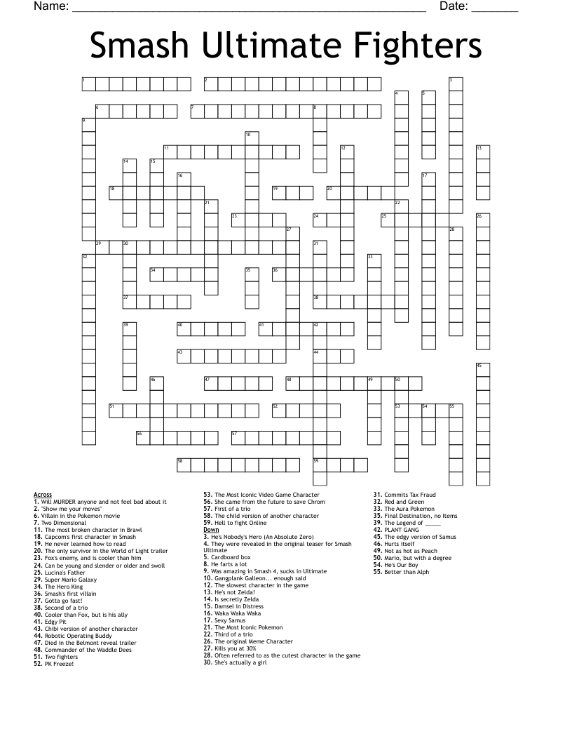 Smash Ultimate Fighters Crossword