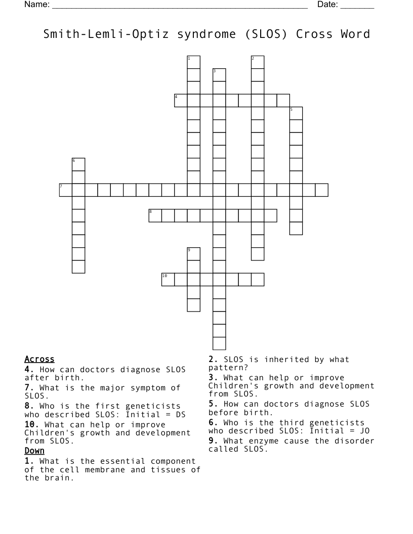Smith-Lemli-Optiz syndrome (SLOS) Cross Word