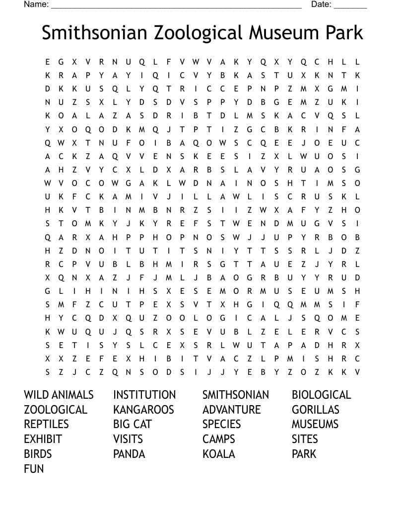Smithsonian Zoological Museum Park Word Search