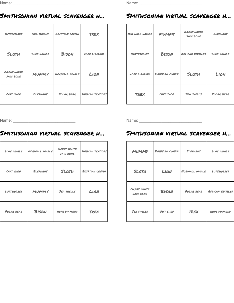 Smithsonian virtual scavenger hunt  Bingo Cards