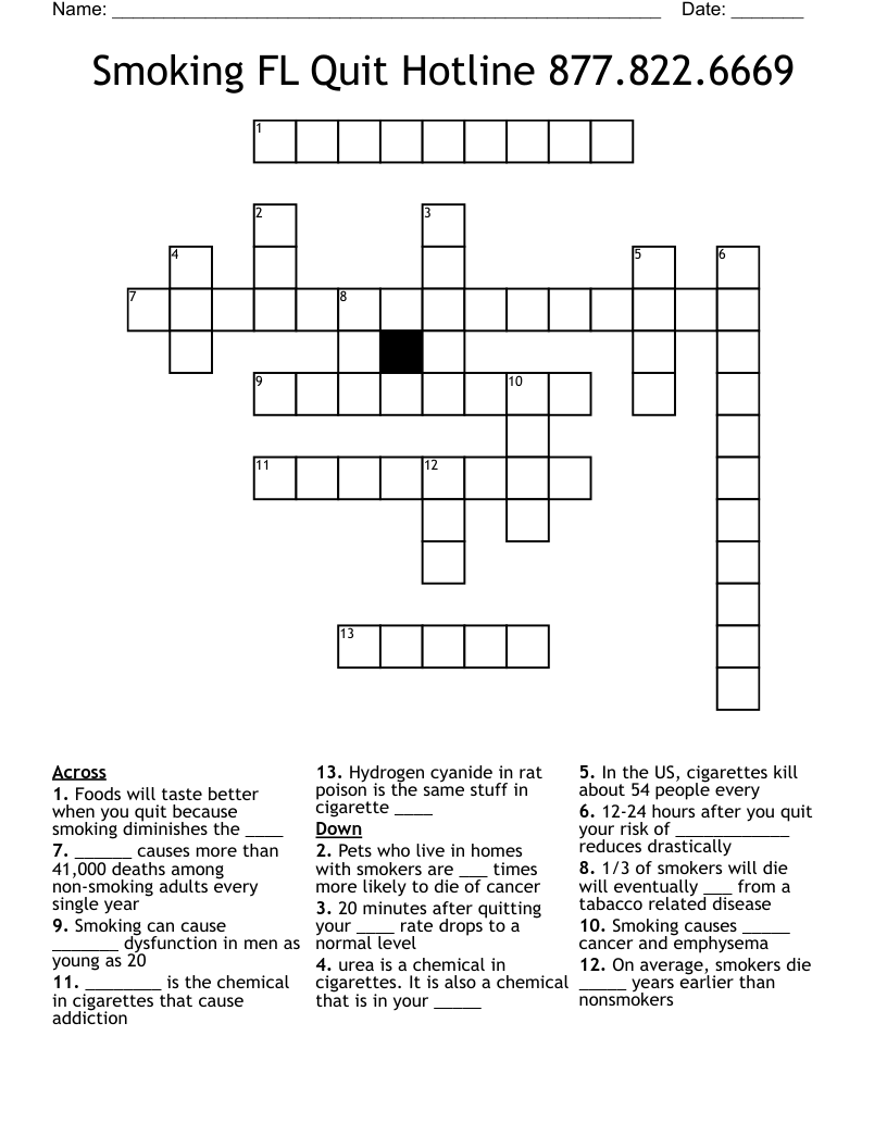 Smoking FL Quit Hotline 877.822.6669 Crossword