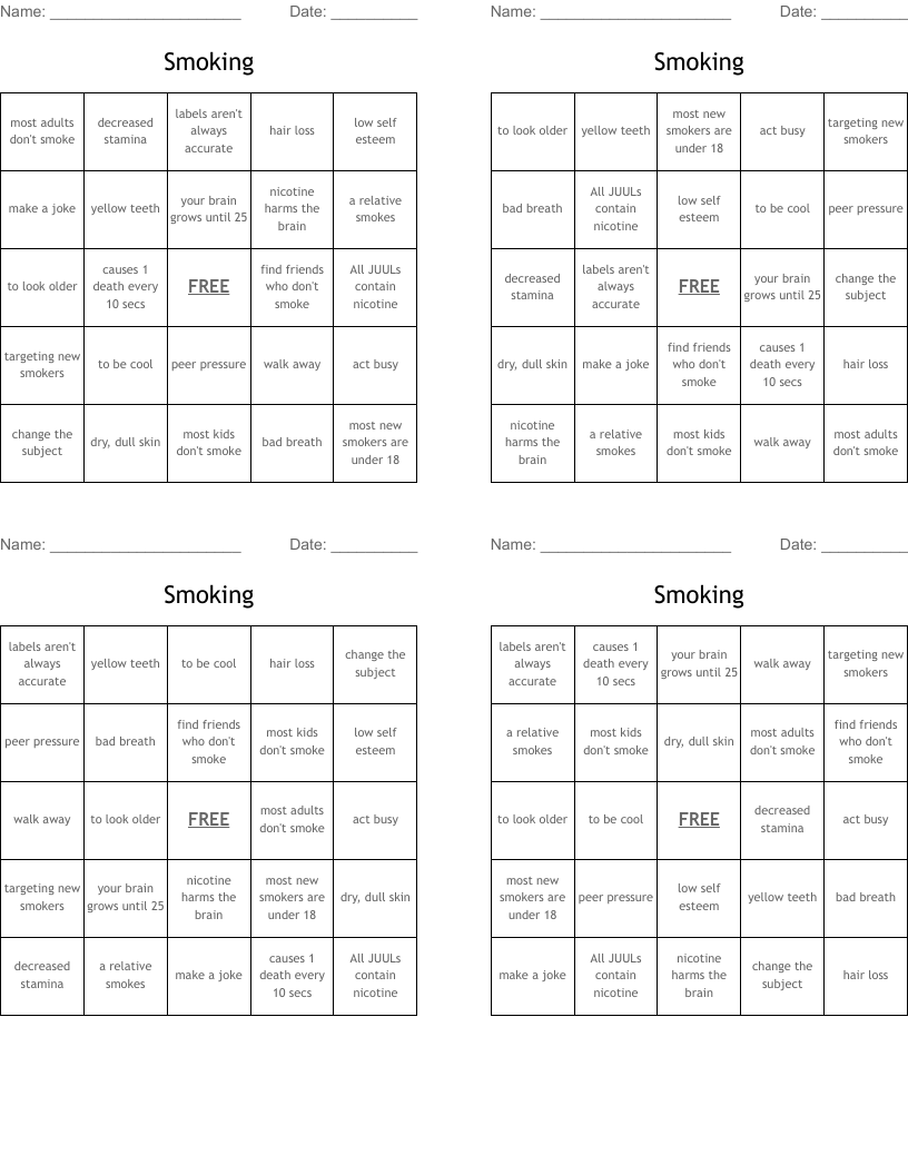 Smoking Bingo Cards